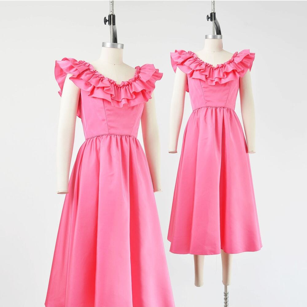 Vintage 60s Mike Benet Pink Formal Taffeta Ruffle Tea Length Prom Party Dress XS